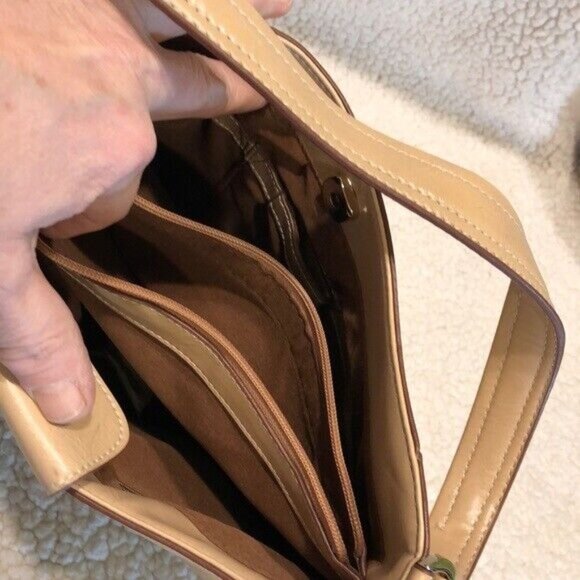 NWT Beige Leather Shoulder Bag Front Buckle Detail Multiple Compartments - Picture 6 of 10